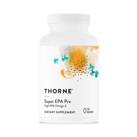THORNE Super EPA Pro bottle on a clean surface, signaling daily omega-3 intake.