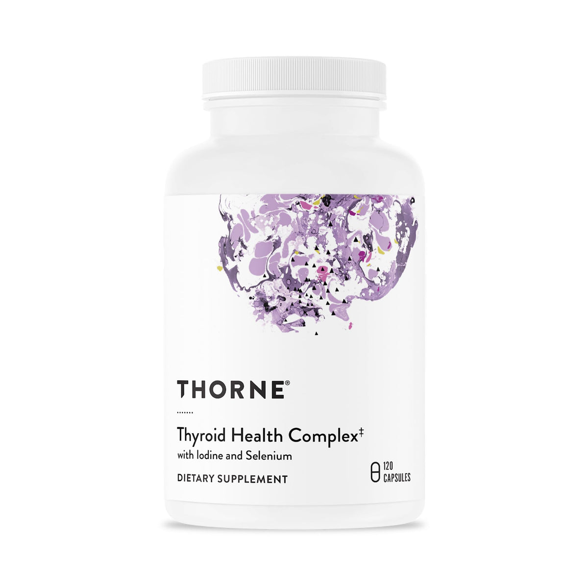 Thorne Thyroid Health Complex bottle front view, highlighting essential nutrients