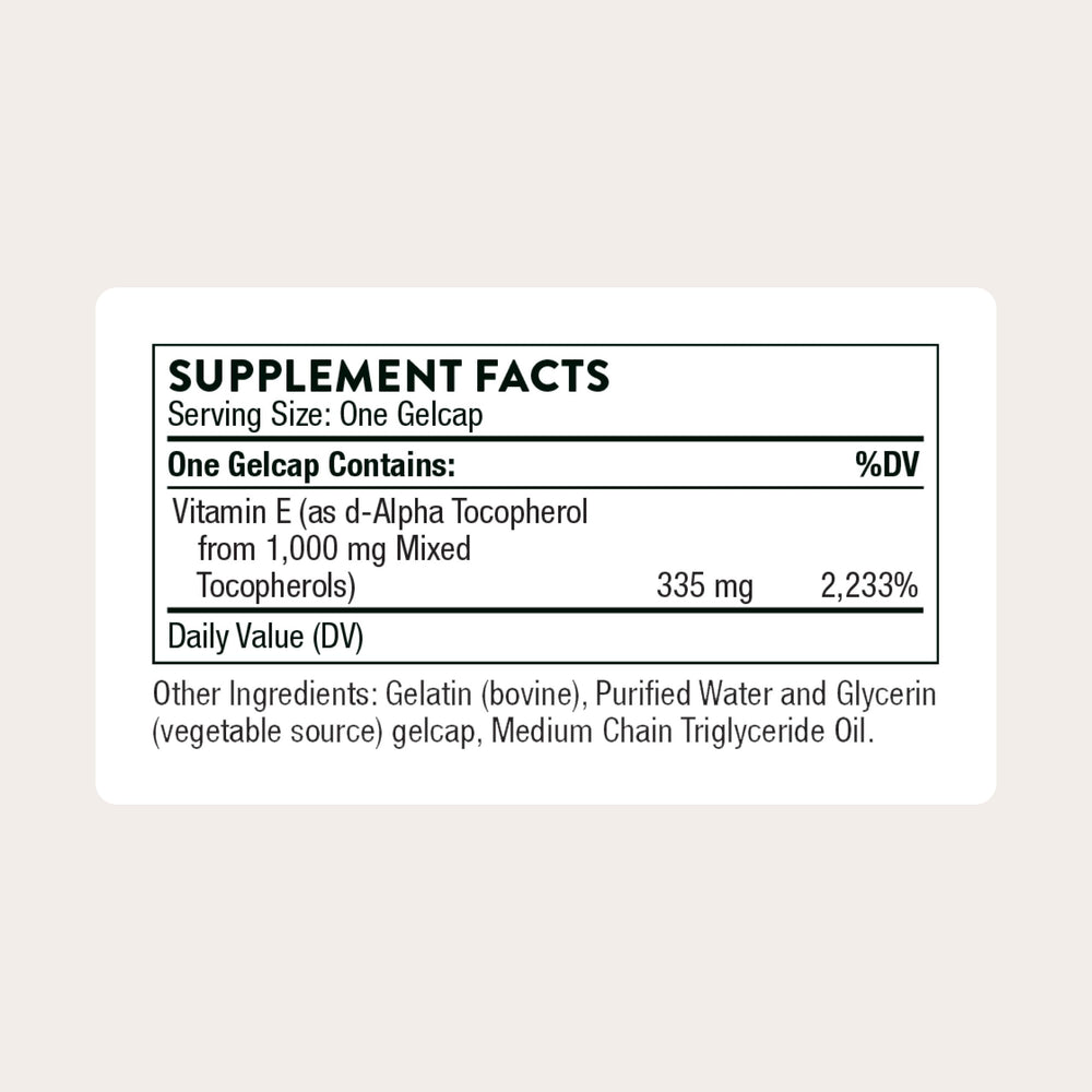 Thorne Ultimate-E cap detail highlights softgel capsules for convenient daily use