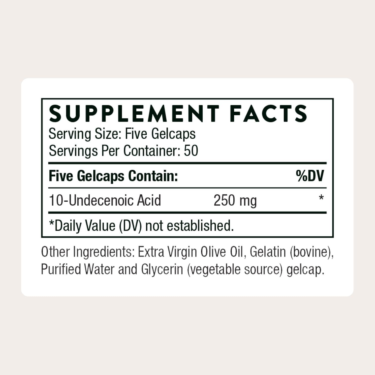 THORNE Undecylenic Acid gelcaps closeup highlights easy daily supplementation.