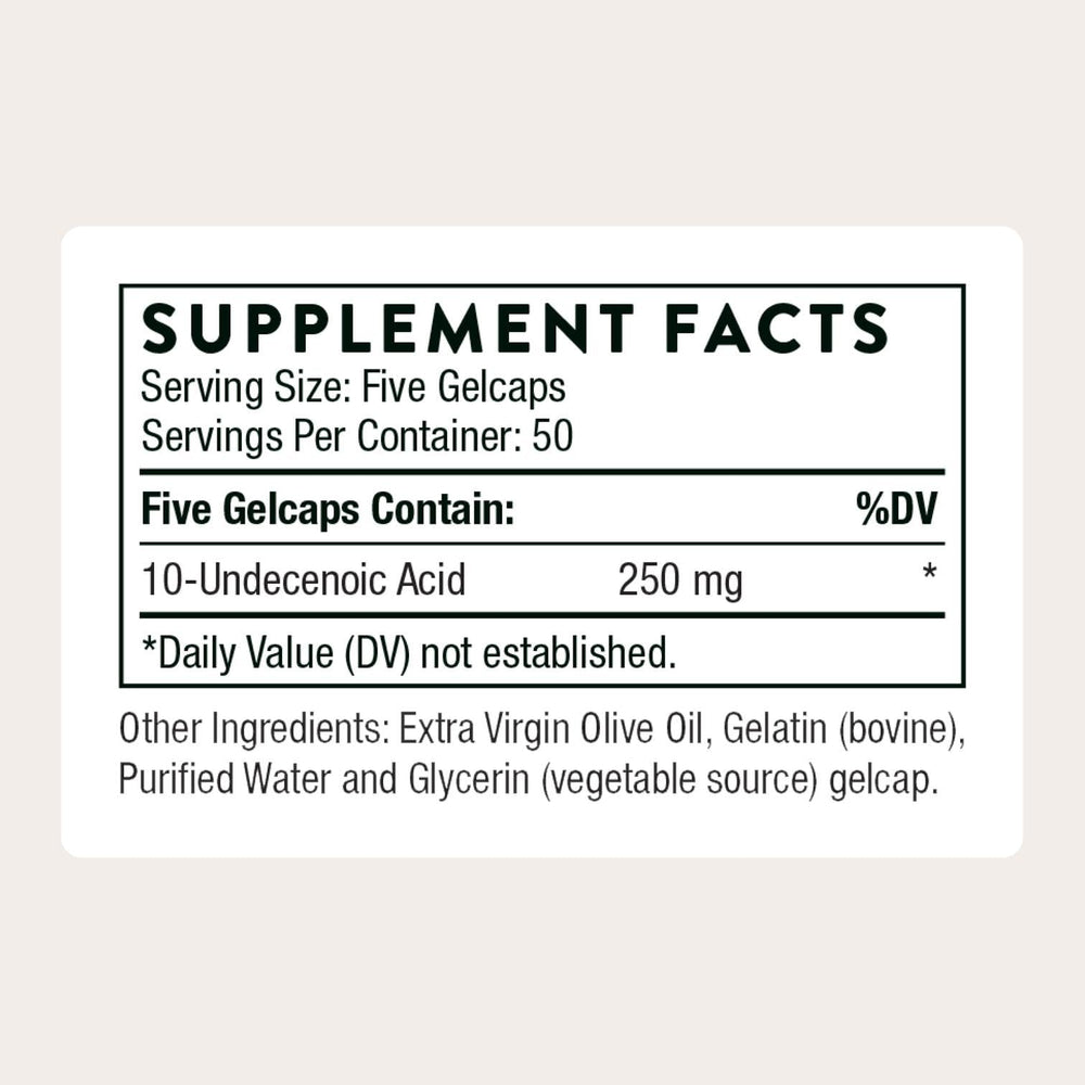 THORNE Undecylenic Acid gelcaps closeup highlights easy daily supplementation.