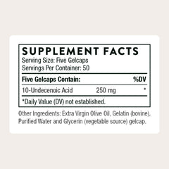 THORNE Undecylenic Acid gelcaps closeup highlights easy daily supplementation.