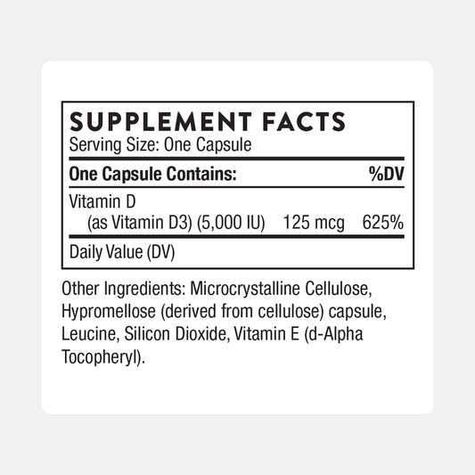 Close-up of THORNE Vitamin D-5000 capsules highlighting convenient, small softgels.