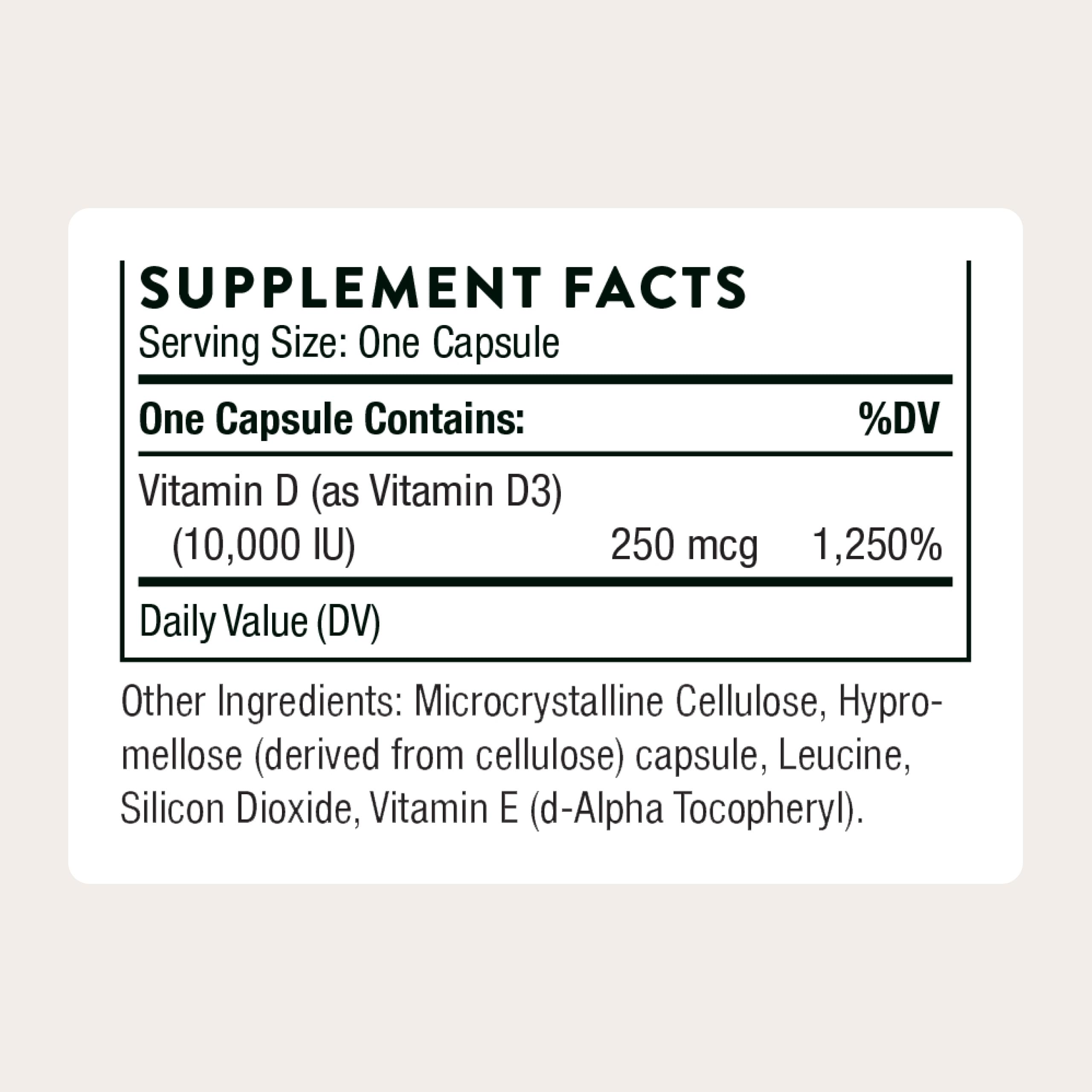 Close-up of Thorne Vitamin D3 capsules highlighting high potency 10,000 IU.