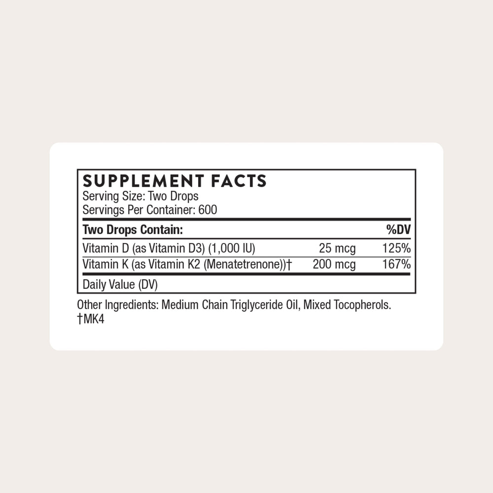 Thorne vitamin D3 and K2 liquid dispenser top showing precise drop dosing for consistency.