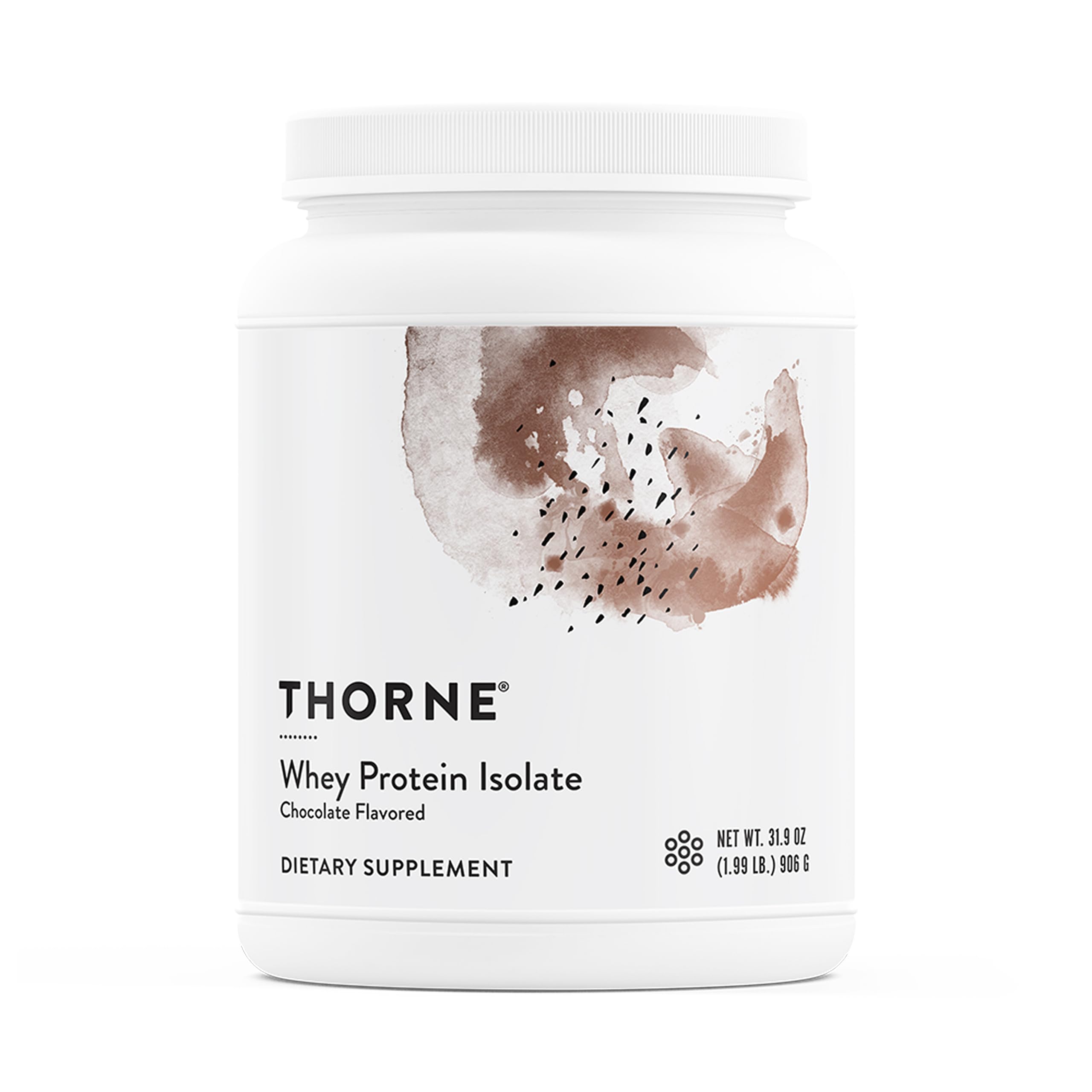 THORNE Whey Protein Isolate chocolate tub shows a compact, high‑protein option for workouts.
