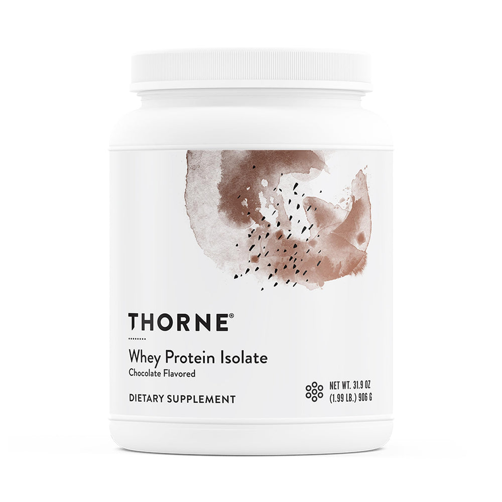 THORNE Whey Protein Isolate chocolate tub shows a compact, high‑protein option for workouts.