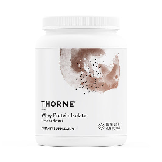 THORNE Whey Protein Isolate chocolate tub shows a compact, high‑protein option for workouts.