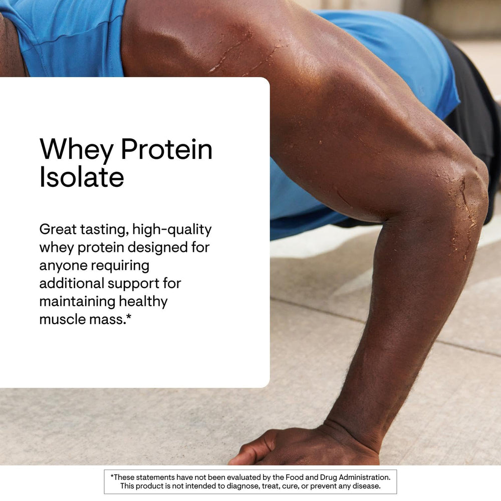 THORNE Whey Protein Isolate nutrition label shows 100 calories and 3 g sugar per serving