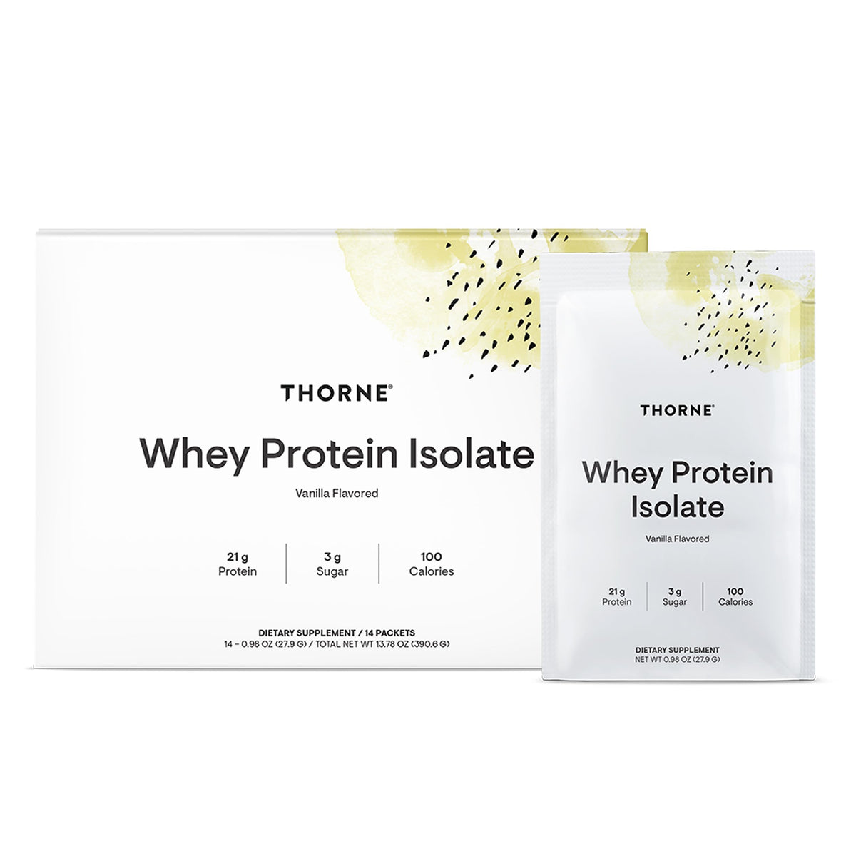 THORNE Whey Protein Isolate vanilla packaging front highlights 21 g protein per serving for recovery