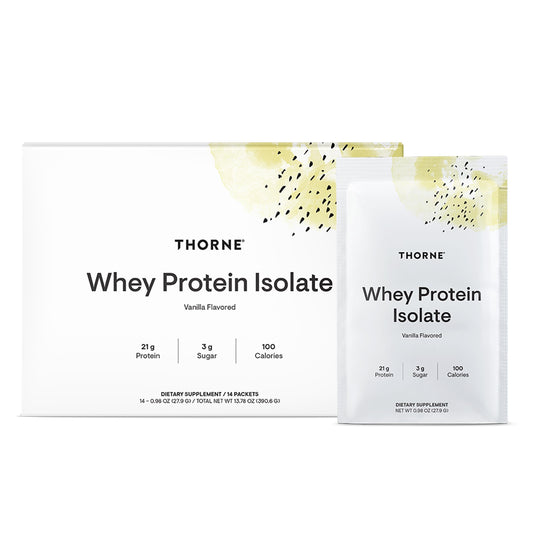 THORNE Whey Protein Isolate vanilla packaging front highlights 21 g protein per serving for recovery