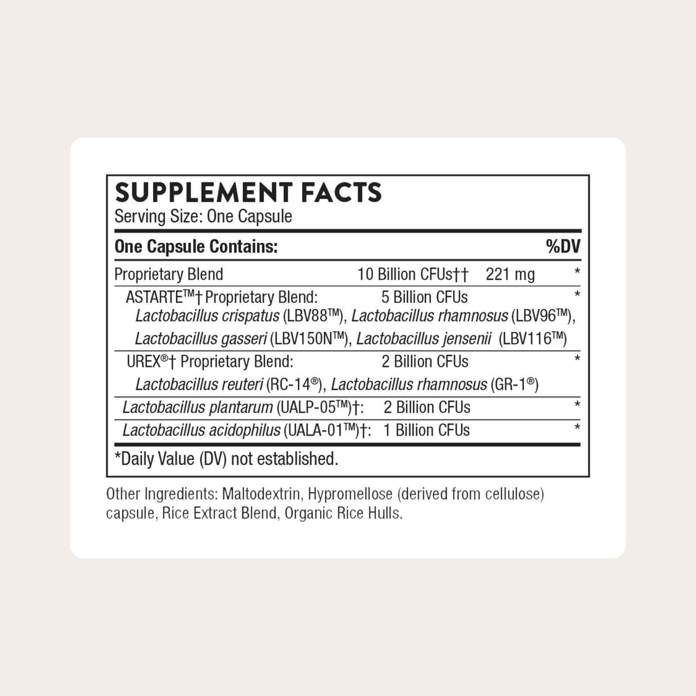 THORNE Women’s Daily Probiotic capsule close-up highlights 10 billion CFUs for gut balance.