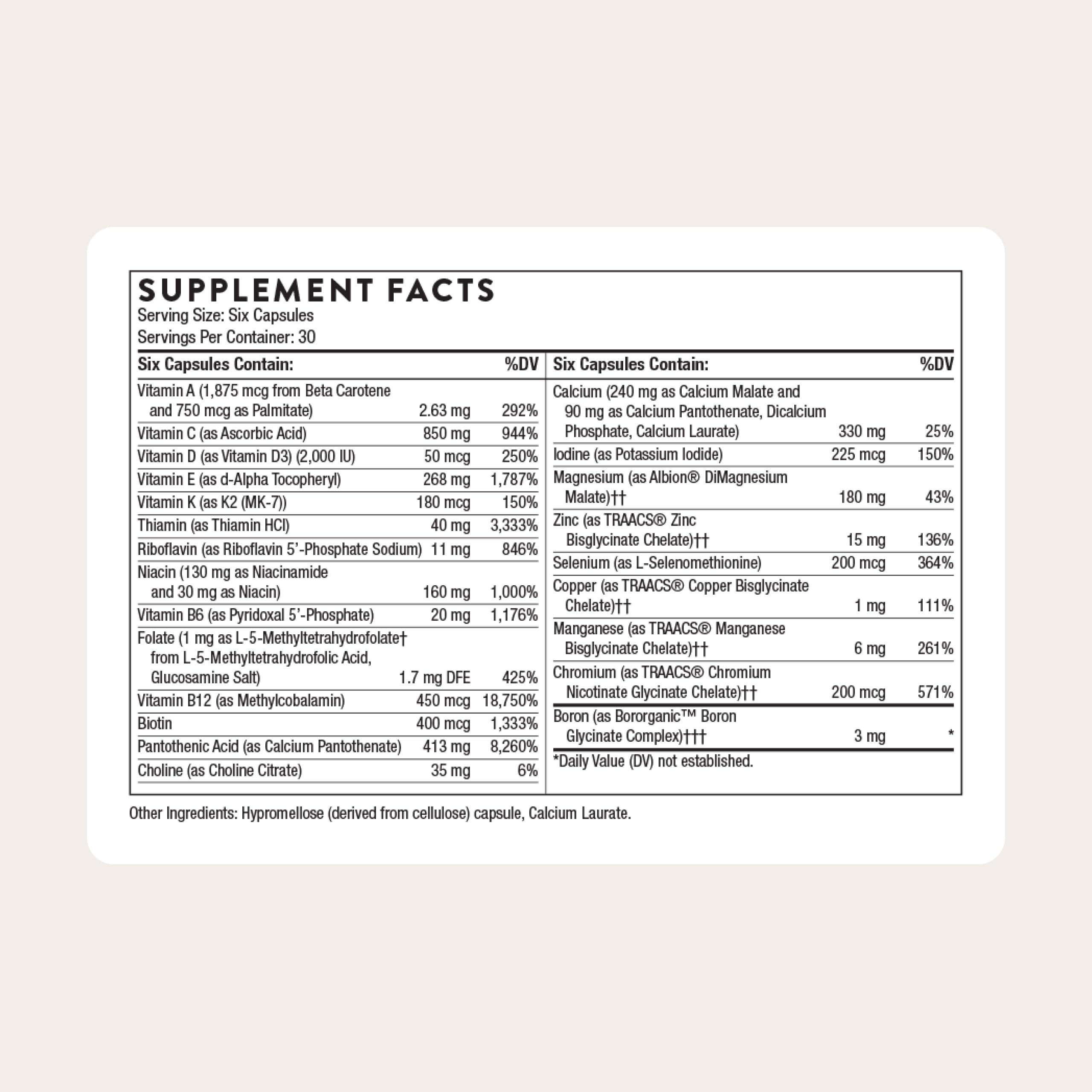 THORNE Women's Multi 50+ tablets close-up highlighting calcium and magnesium