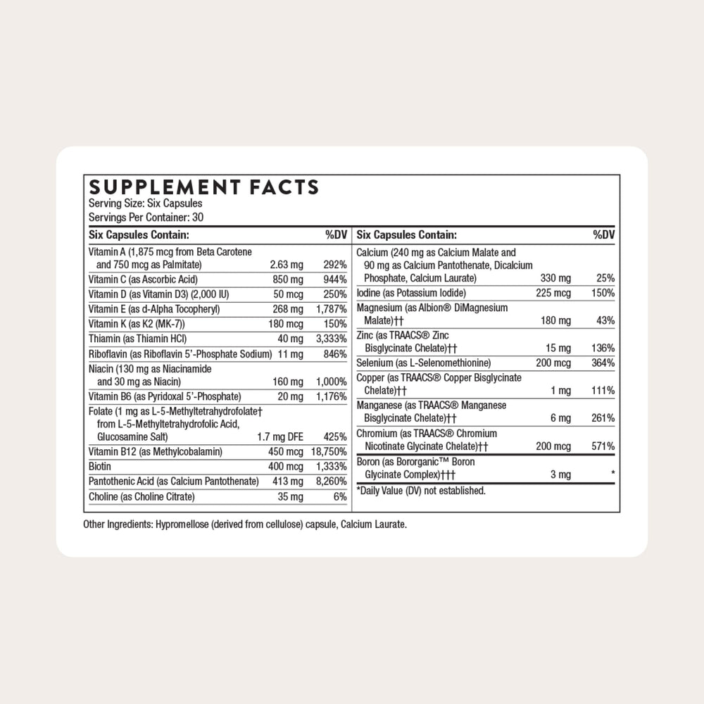 THORNE Women's Multi 50+ tablets close-up highlighting calcium and magnesium