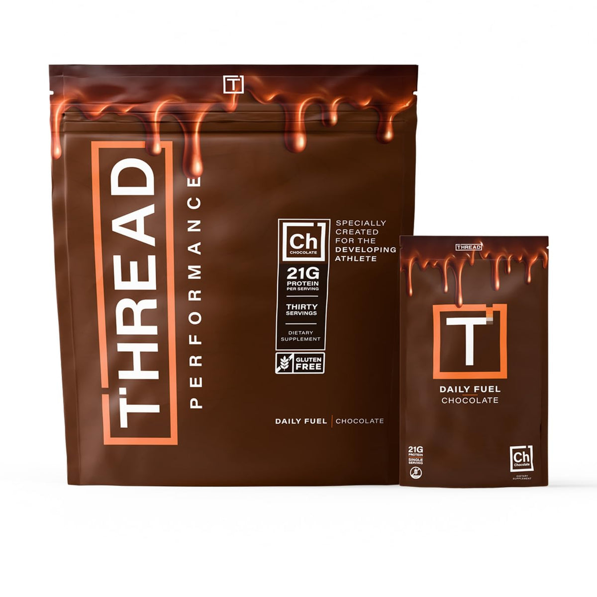 THREAD Performance Daily Fuel chocolate brownie bottle highlights protein packed nutrition for athletes.