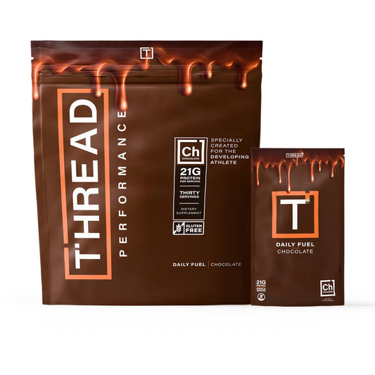 THREAD Performance Daily Fuel chocolate brownie bottle highlights protein packed nutrition for athletes.