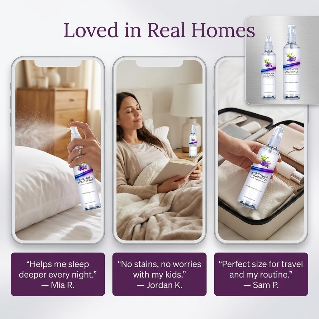 Three Drops of Life lavender-eucalyptus sleep mist softens linens with calming aroma.