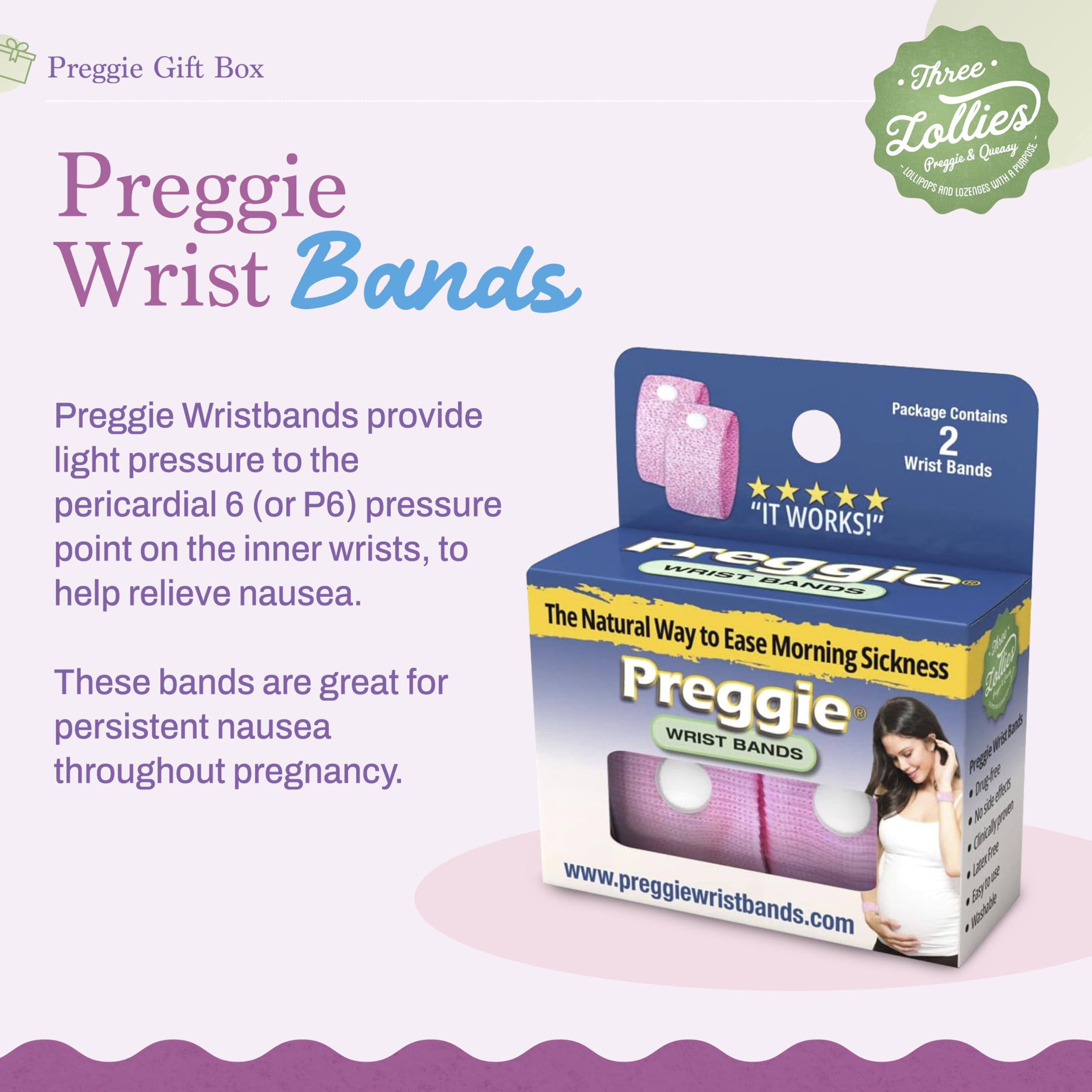Three Lollies Preggie anti-nausea bands help manage morning discomfort.