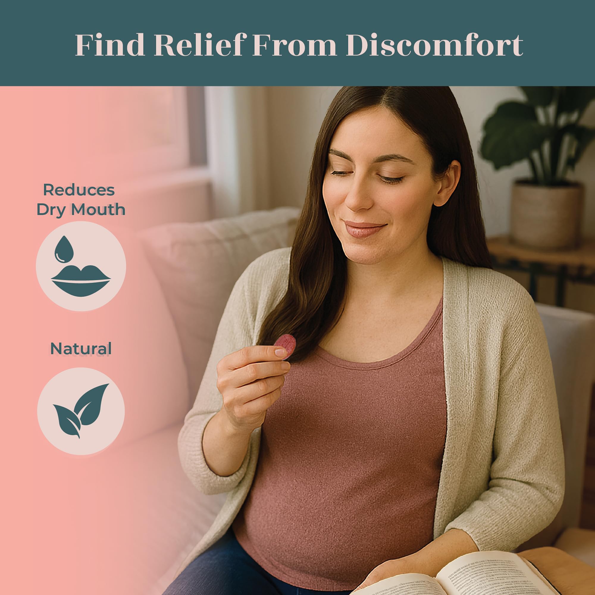 Three Lollies Preggie Drops Plus lozenges dissolving, suggesting quick relief and gentle sweetness.