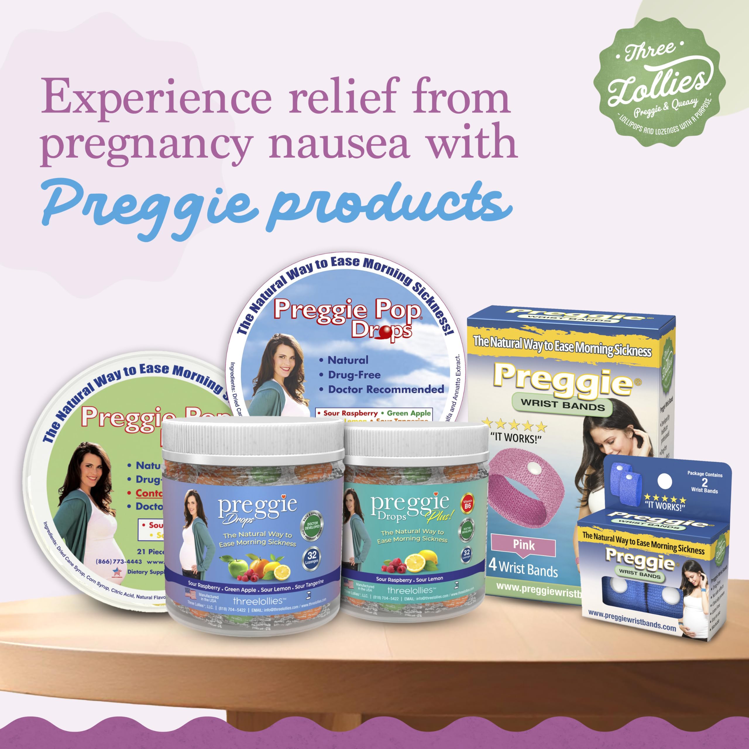 Three Lollies Preggie gift box offers a convenient nausea relief set.