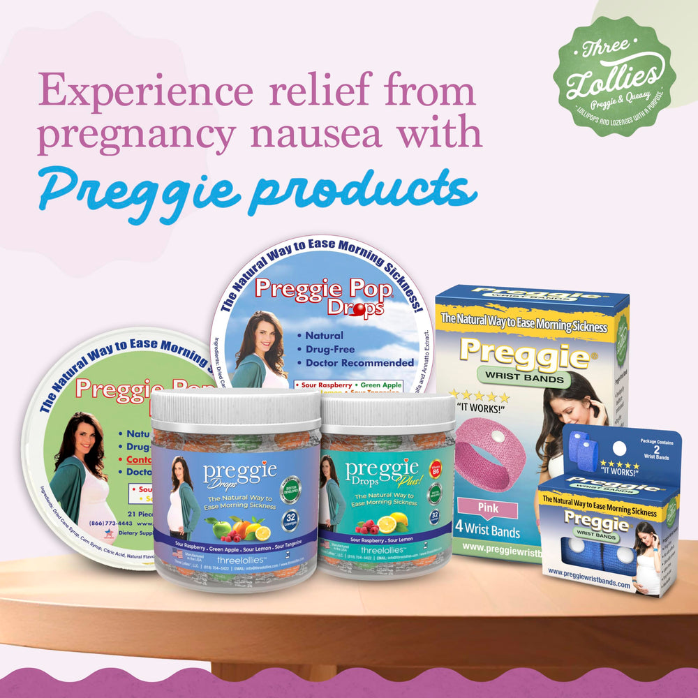 Three Lollies Preggie gift box offers a convenient nausea relief set.