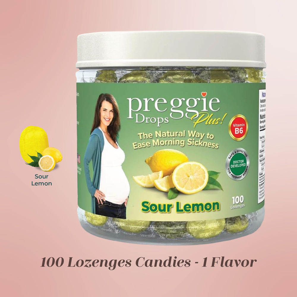 Three Lollies Preggie Pop Drops Plus lemon flavor label highlighting vitamin B6.