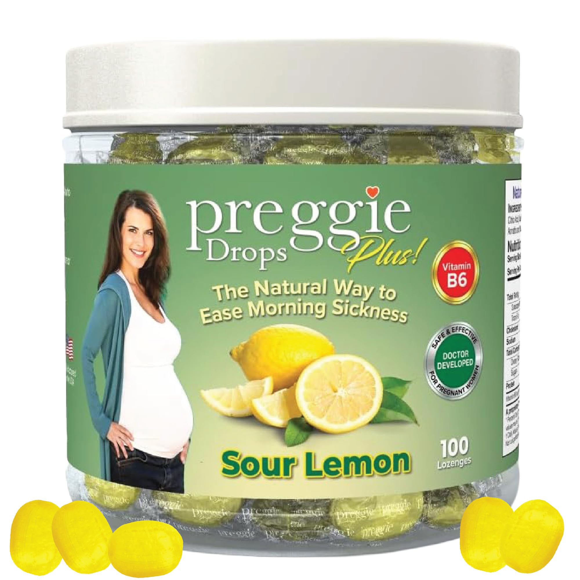 Three Lollies Preggie Pop Drops Plus packaging shown for on-the-go nausea relief.