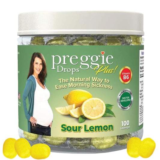 Three Lollies Preggie Pop Drops Plus packaging shown for on-the-go nausea relief.