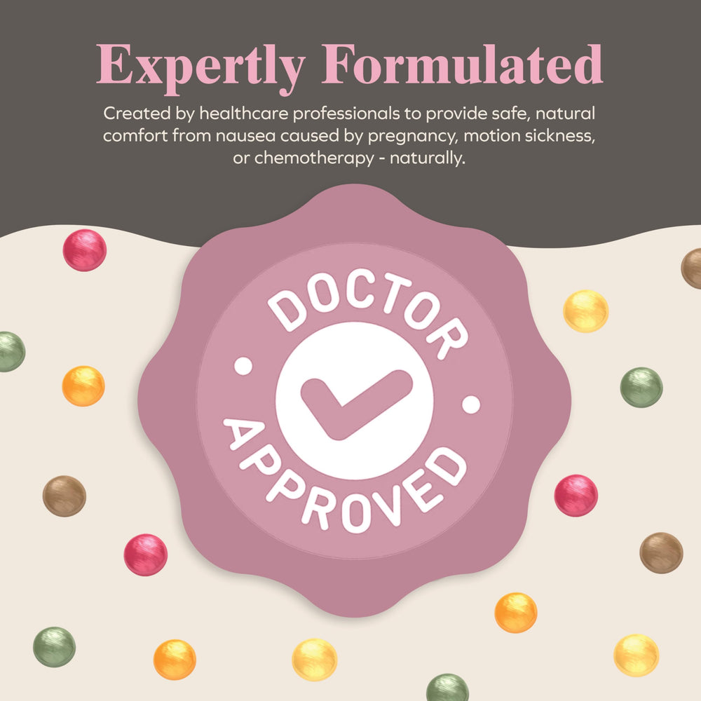 Three Lollies Queasy Drops 100ct packaging highlighting gluten-free and kosher options