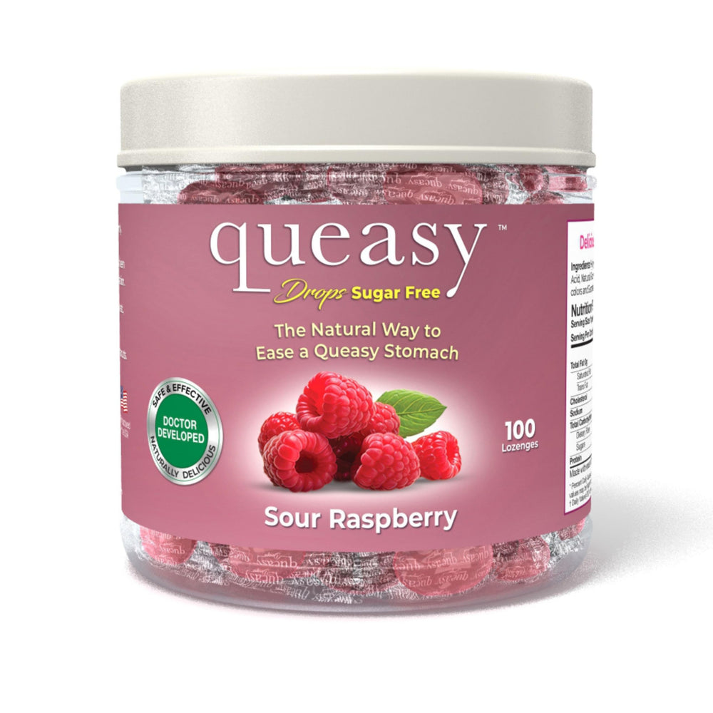 Three Lollies Queasy Drops raspberry bottle, sugar-free relief for nausea and dry mouth.