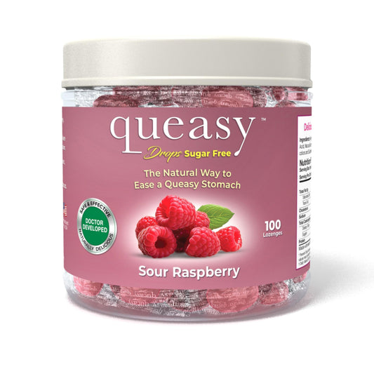 Three Lollies Queasy Drops raspberry bottle, sugar-free relief for nausea and dry mouth.