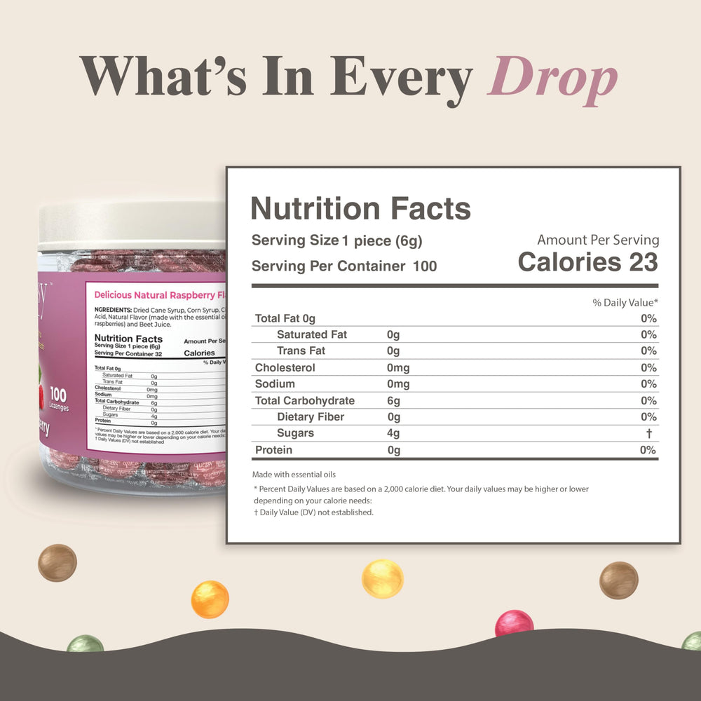 Three Lollies Queasy Drops raspberry lozenges deliver soothing, berry-flavored relief.