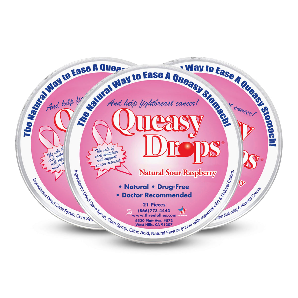 Three Lollies Queasy Drops sour raspberry bottle for travel relief