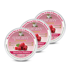 Three Lollies Queasy Drops sugar-free raspberry pack front for on-the-go nausea relief