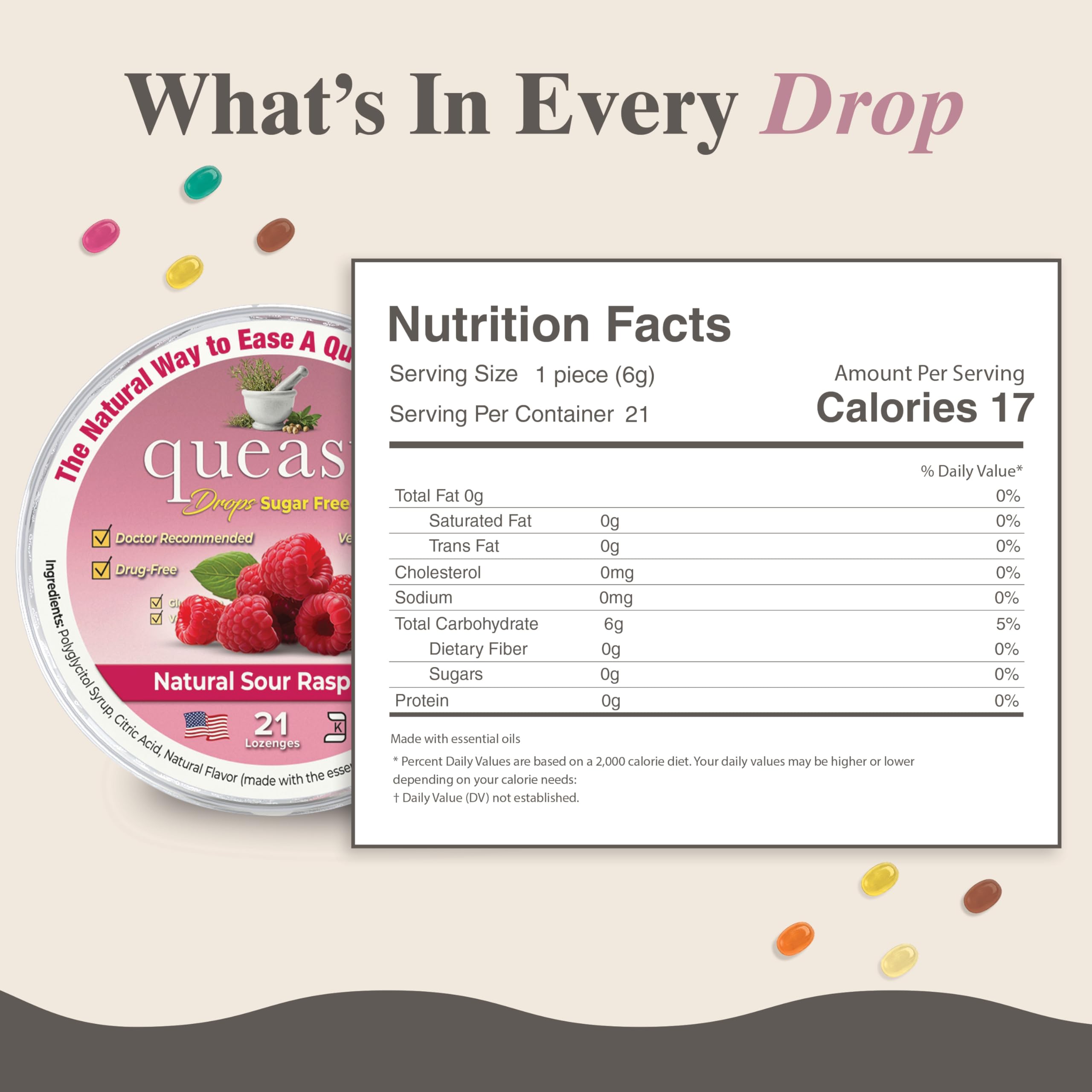 Three Lollies Queasy Drops sugar-free lozenges closeup highlighting natural raspberry taste and mouth lubrication
