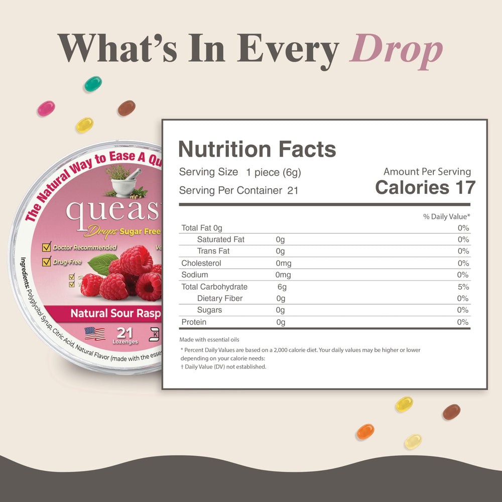 Three Lollies Queasy Drops sugar-free lozenges closeup highlighting natural raspberry taste and mouth lubrication