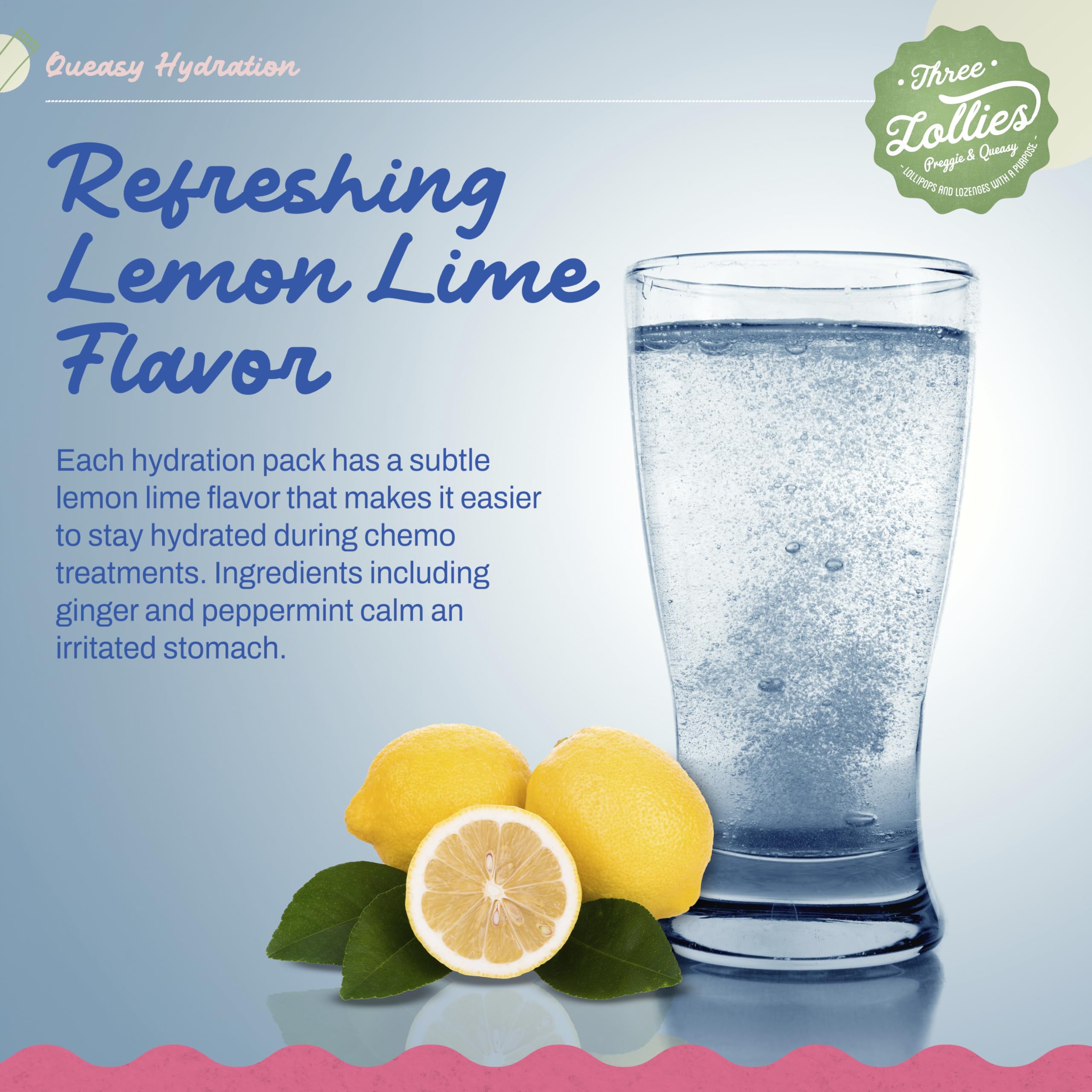Three Lollies Queasy Hydration MD lemon-lime flavor powder dissolving in water