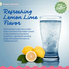 Three Lollies Queasy Hydration MD lemon-lime flavor powder dissolving in water