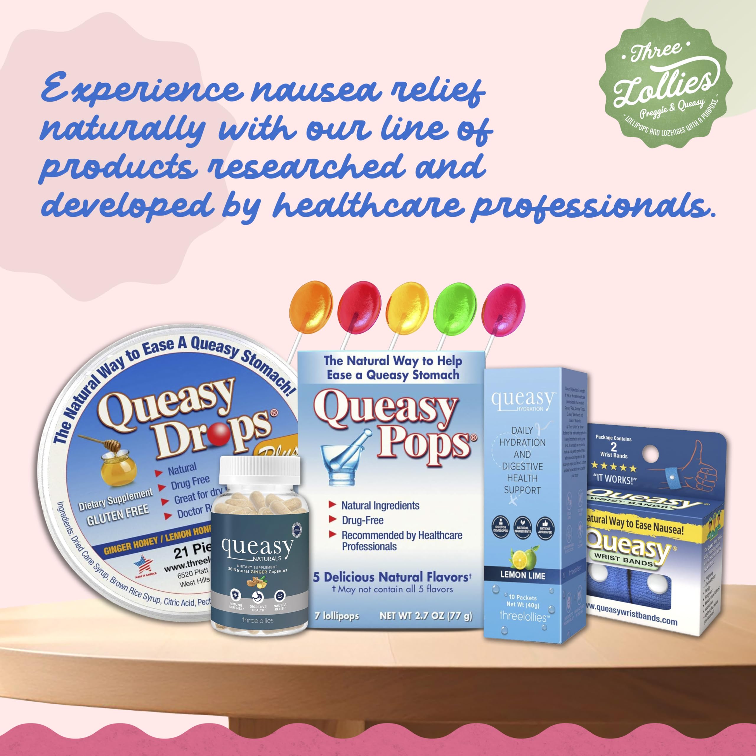 Three Lollies Queasy Hydration MD packaging front designed for patients undergoing treatment