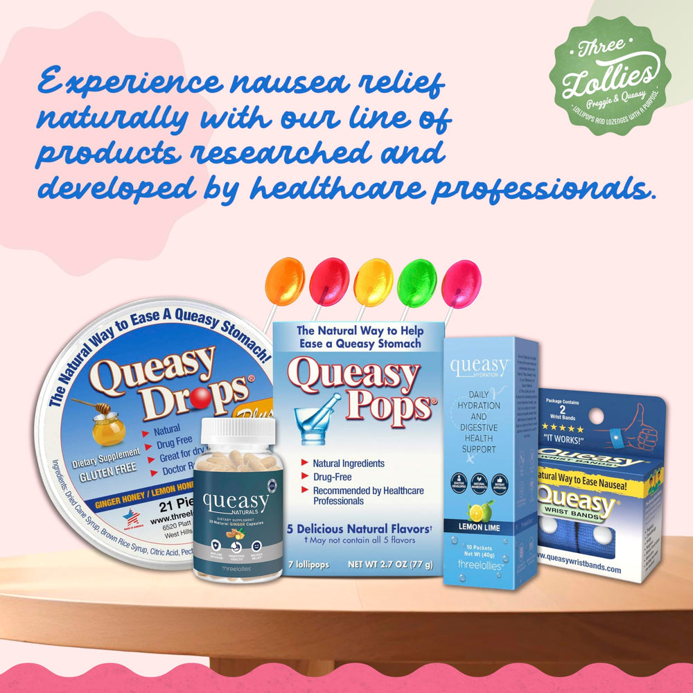 Three Lollies Queasy Hydration MD packaging front designed for patients undergoing treatment