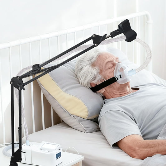 ThreeDokke CPAP hose holder with adjustable swivel arm keeps hoses organized and tangle-free.