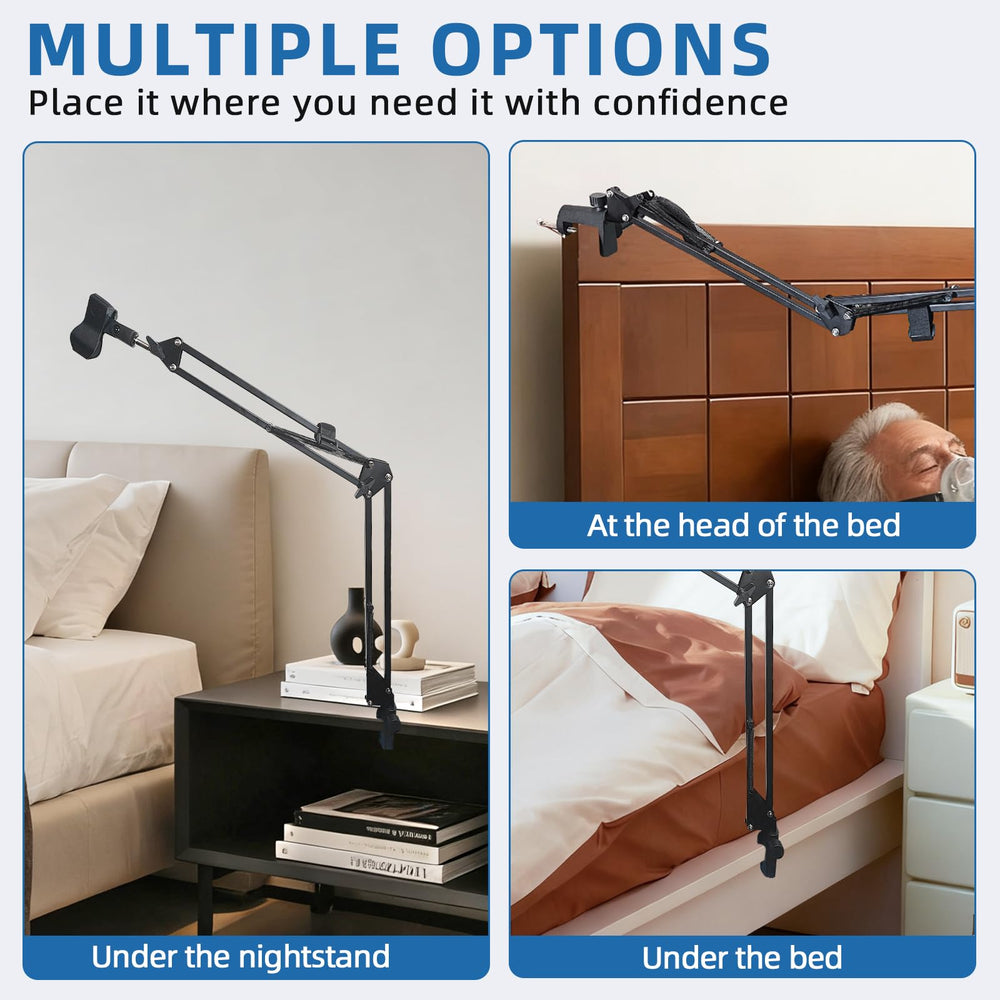 ThreeDokke CPAP hose holder mounted on bed keeps hose secure during sleep.