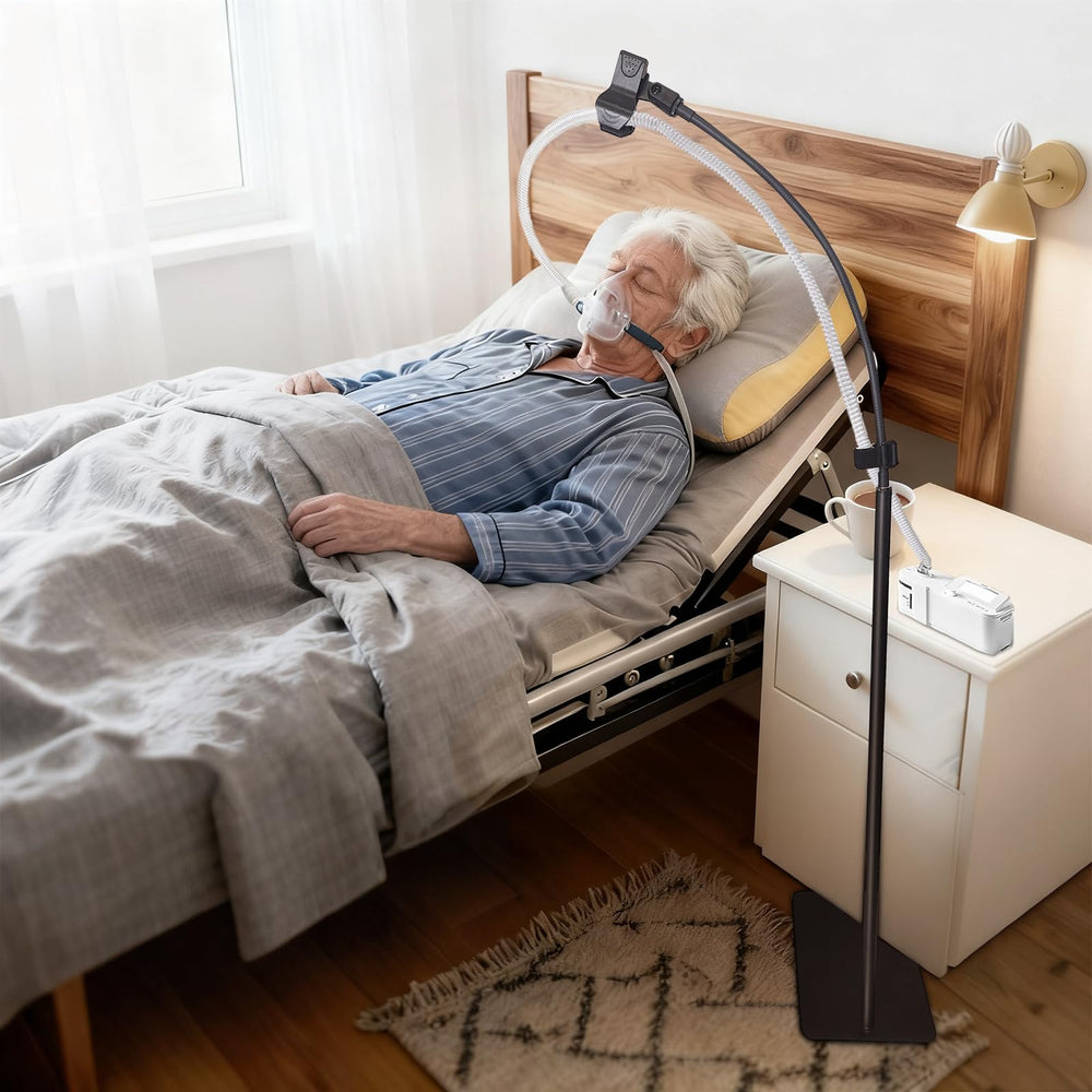 ThreeDokke CPAP hose holder with swivel arm for secure, tangle-free sleep