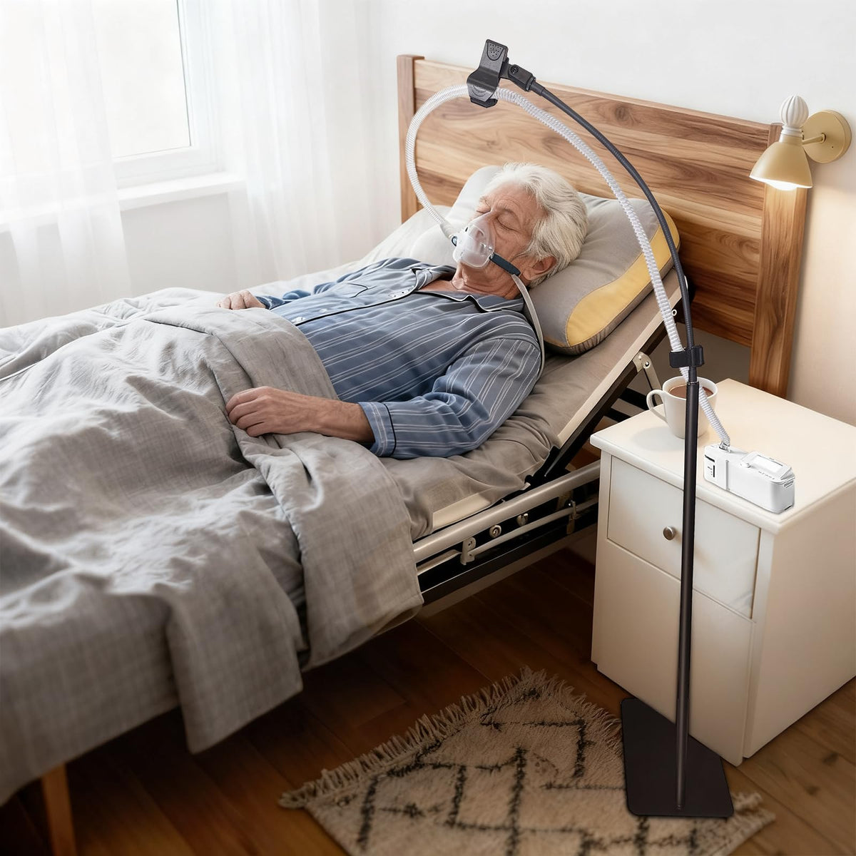 ThreeDokke CPAP hose holder with swivel arm for secure, tangle-free sleep