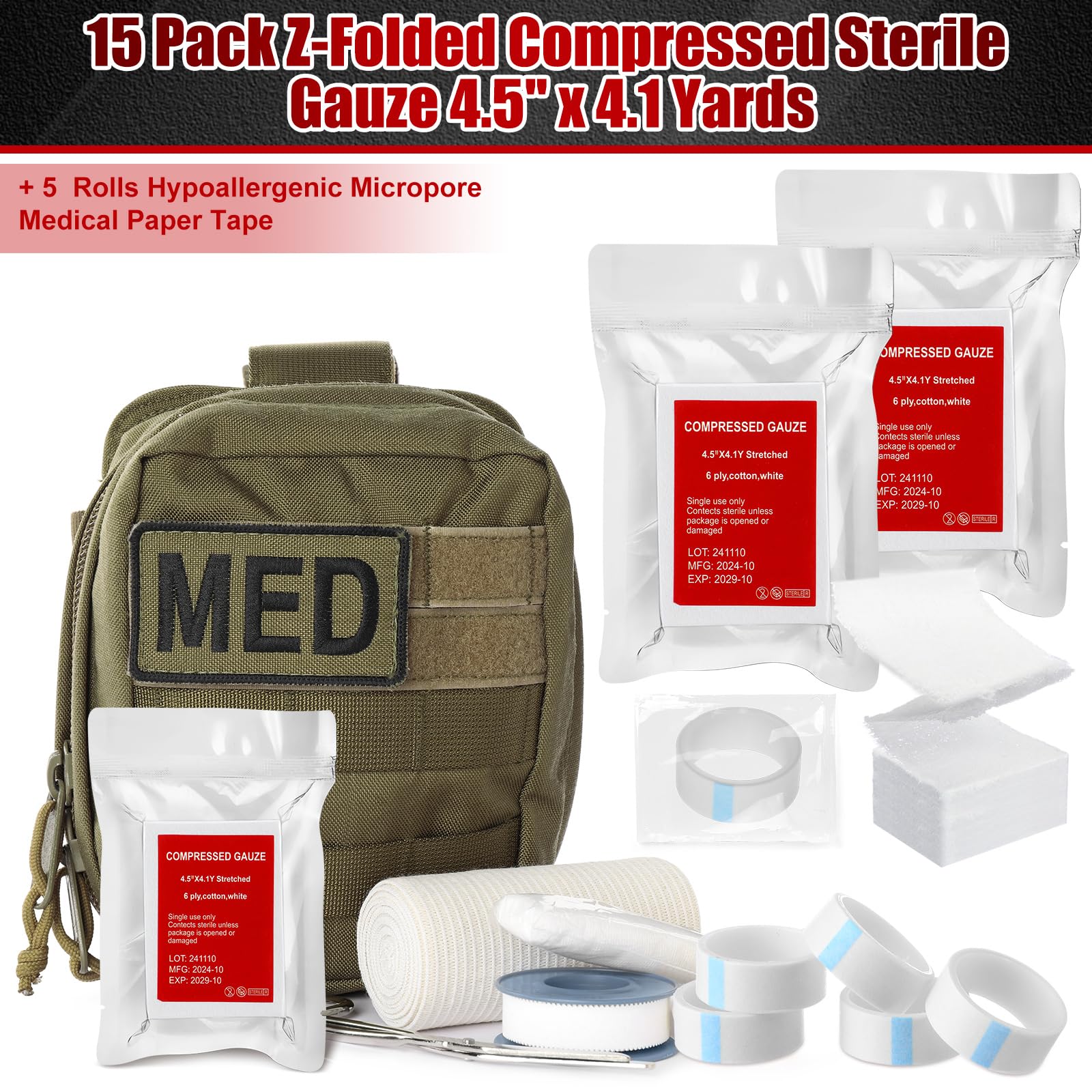 Threlaco compressed sterile gauze pack with compact design for travel first aid.