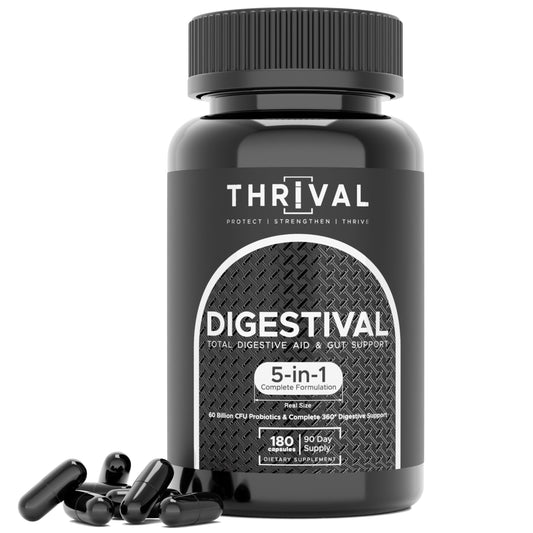 Thrival Digestival bottle front promoting a 5-in-1 gut health formula for daily balance.