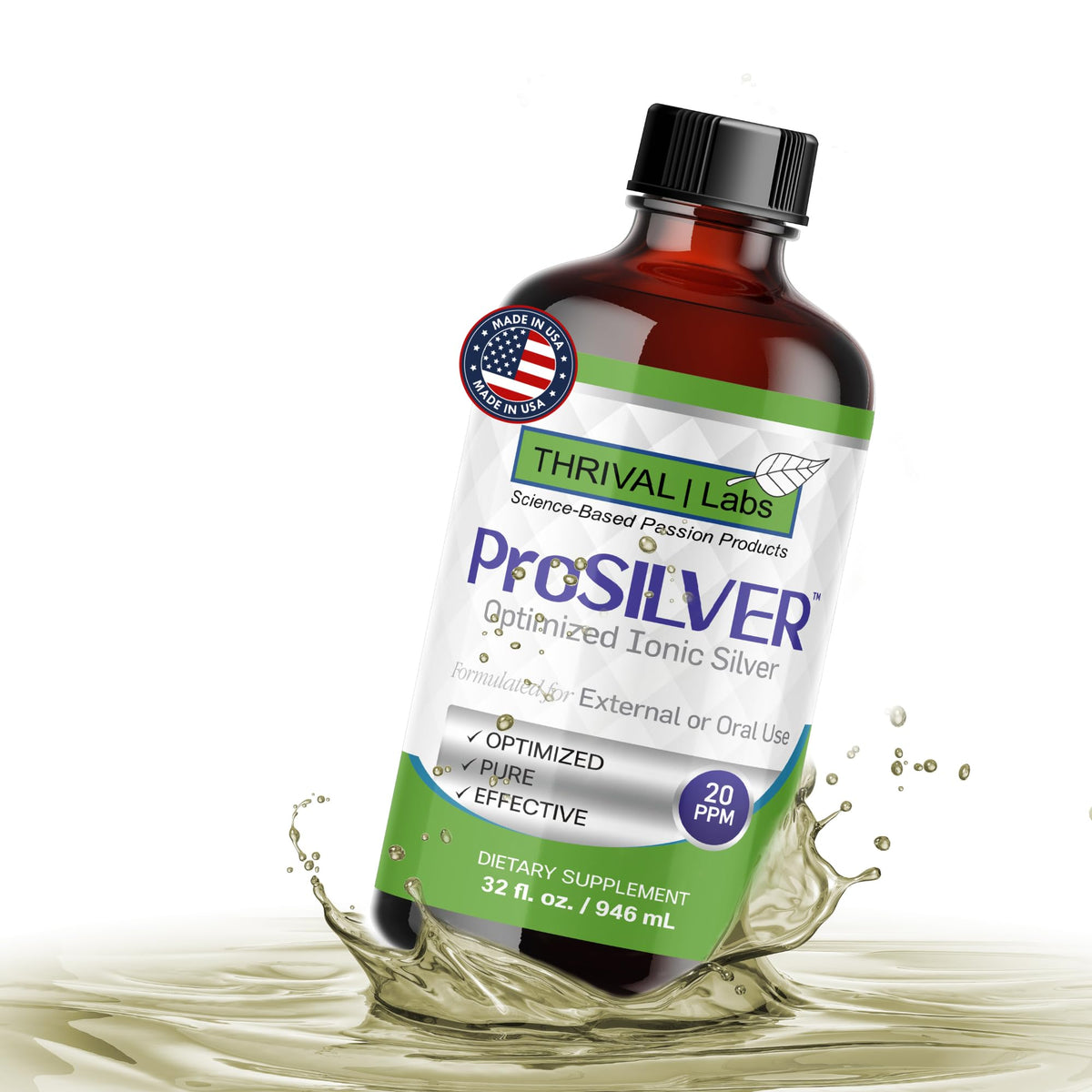 Thrival Labs Ionic Colloidal Silver Liquid bottle on a kitchen counter for daily wellness.