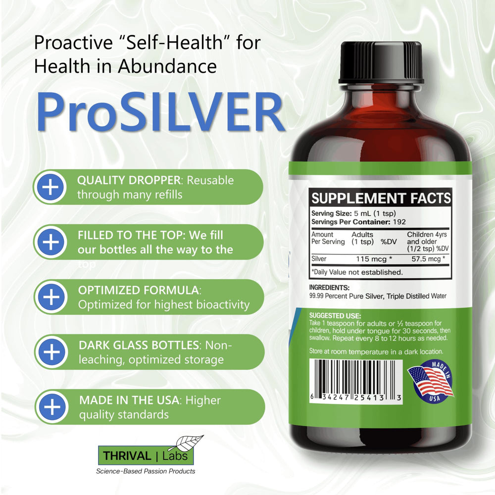 Close-up of the Thrival Labs label on the ionic colloidal silver bottle for usage details.
