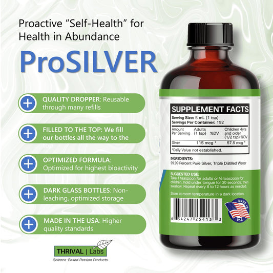 Close-up of the Thrival Labs label on the ionic colloidal silver bottle for usage details.