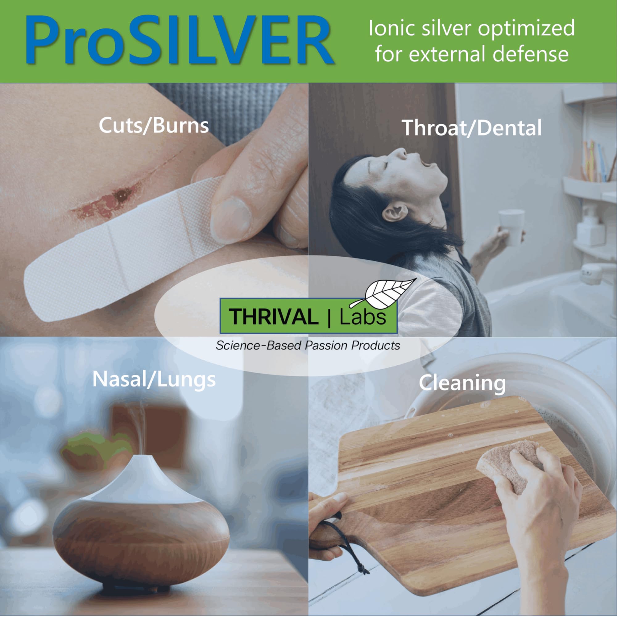 Measuring cup shows Thrival Labs colloidal silver for precise dosing.